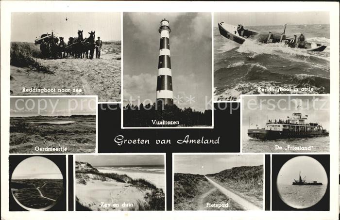 Ameland Faehre Friesland Strand Duenen Rettungsboot Leuchtturm