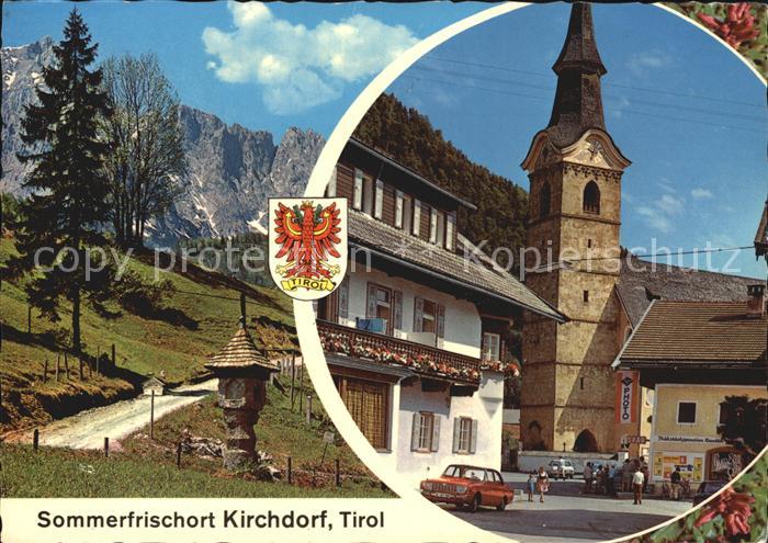 Kirchdorf Tirol Bildstoeckl mit Wildem Kaiser Dorfpartie Stadttor