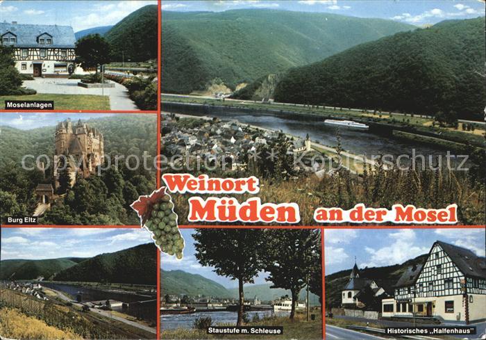 Mueden Mosel Moselanlagen Burg Eltz Staustufe mit Schleuse Historisches Halfenha