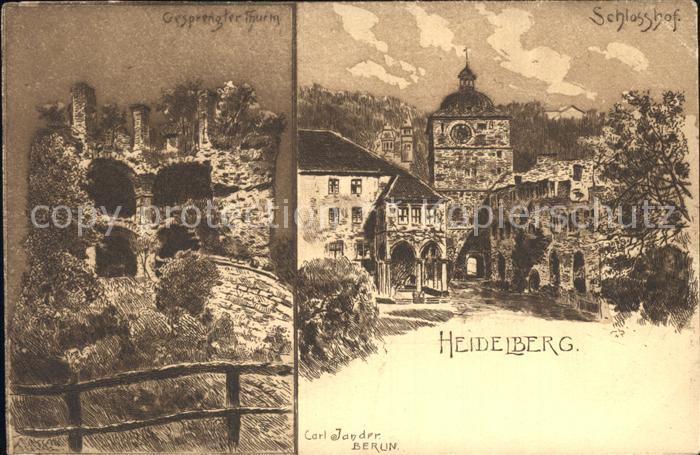 Heidelberg Neckar Schlosshof Turmruine Kuenstlerkarte