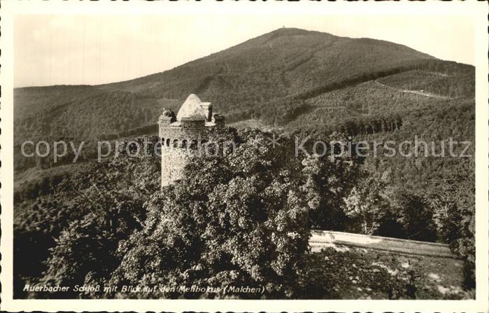 Auerbach Bergstrasse Schloss mit Blick auf den Melibokus Odenwald