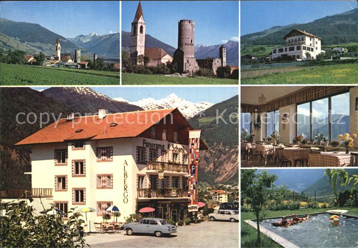Mals Suedtirol Gasthof Panorama Restaurant Swimming Pool Kirche Turm Alpenblick