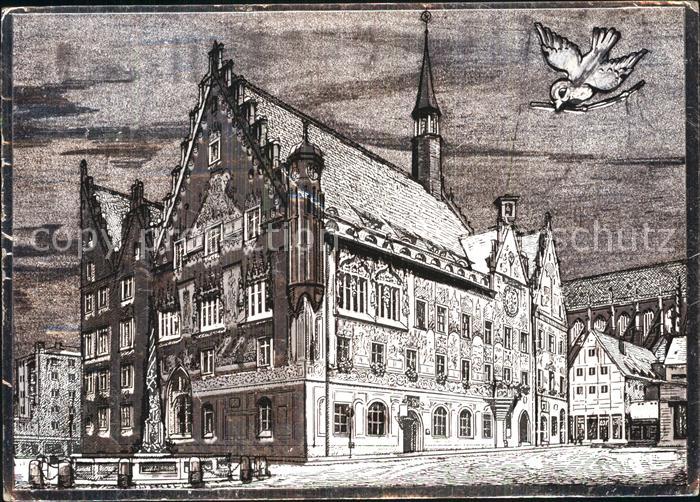 Ulm Donau Rathaus Ulmer Spatz Zeichnung Kuenstlerkarte