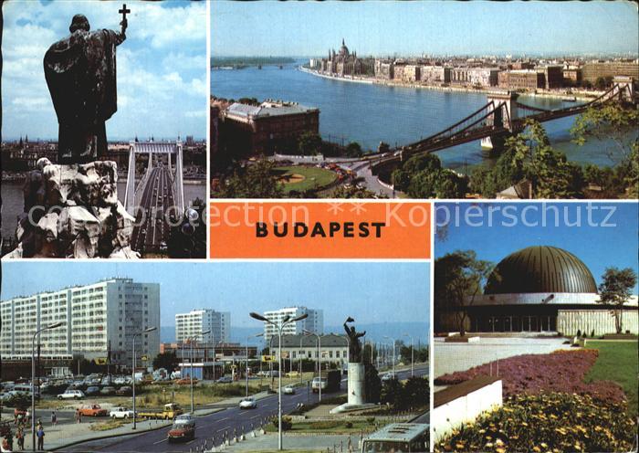 Budapest Donaupartie mit Bruecke Neubauten Denkmal