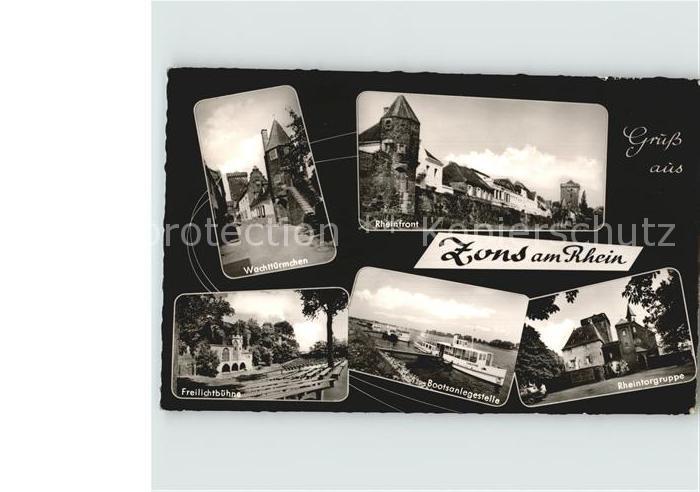 Zons Rhein NRW Rheinfront Freilichtbuehne Rheintorgruppe Bootsanlegestelle