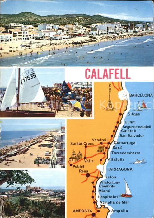 Calafell Strand Segelboot Panorama Burg Landkarte