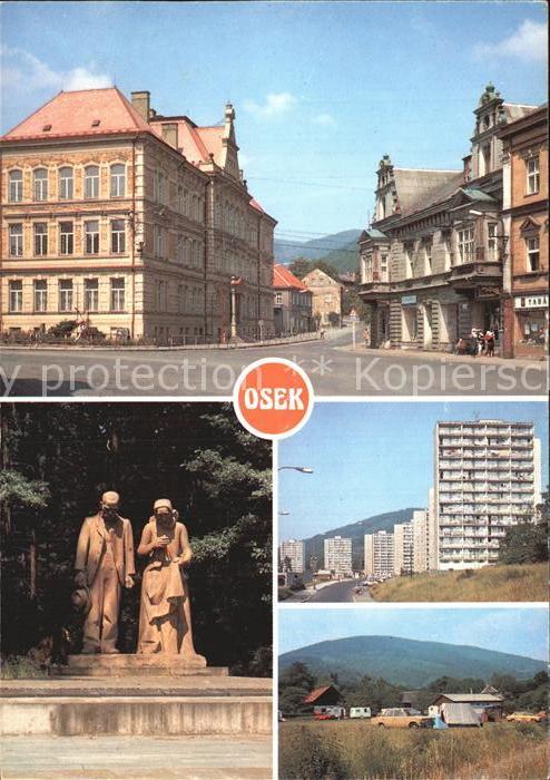 Osek Ossegg Strassenpartie Platz Denkmal Statue Neubauten Hochhaus Autocamping