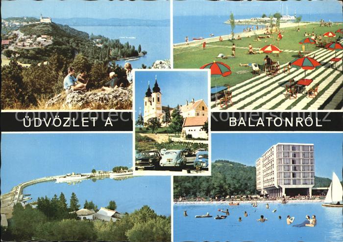 Balaton Plattensee Panorama Kueste Hotelanlage Strand Bucht Kirche