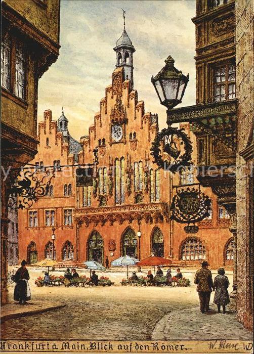 Frankfurt Main Blick auf den Roemer Kuenstlerkarte handkoloriert