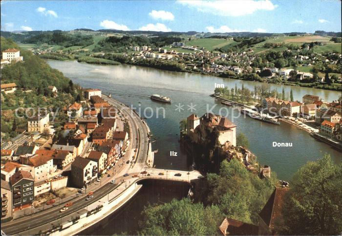 PAssAU Bayern Fliegeraufnahme Dreifluessestadt Zusammenfluss von Donau Inn und I
