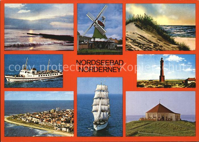 Norderney Nordseebad Strand Windmuehle Leuchtturm Segelschiff
