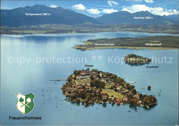 Frauenchiemsee Fliegeraufnahme mit Kloster Krautinsel Kampenwand Koenigsschloss