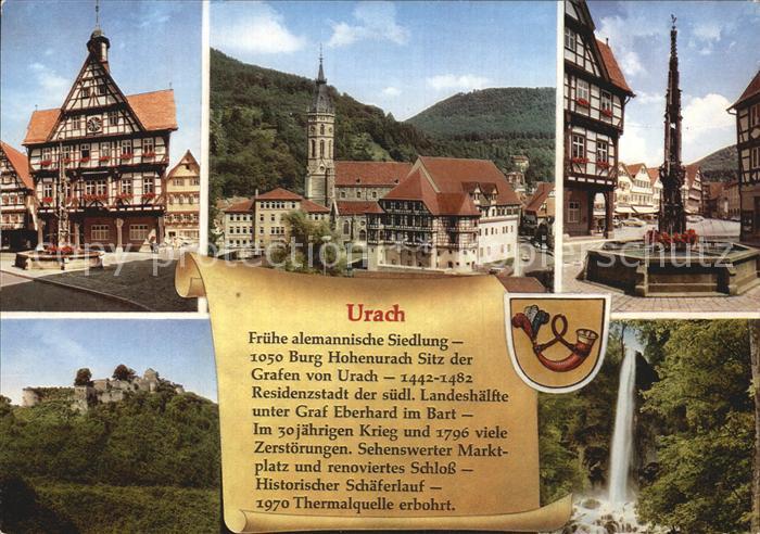 Urach Bad Fachwerkhaus Brunnen Teilansicht mit Kirche