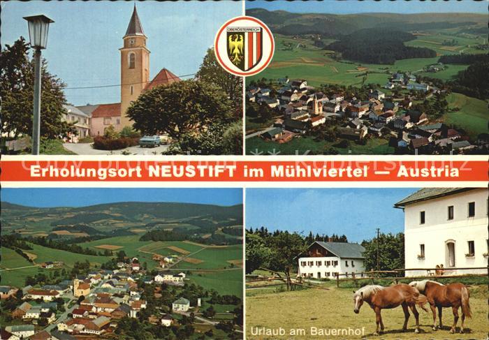 Neustift Muehlkreis Kirche Urlaub am Bauernhof Haflinger Pferde Fliegeraufnahme