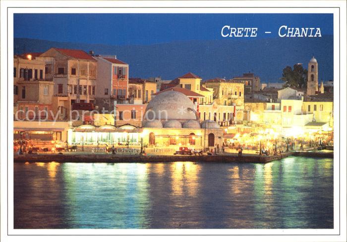 Chania Insel Kreta Hafenpromenade bei Nacht Ansicht vom Meer aus
