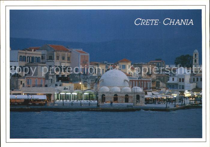 Chania Insel Kreta Hafenpromenade bei Nacht Ansicht vom Meer aus