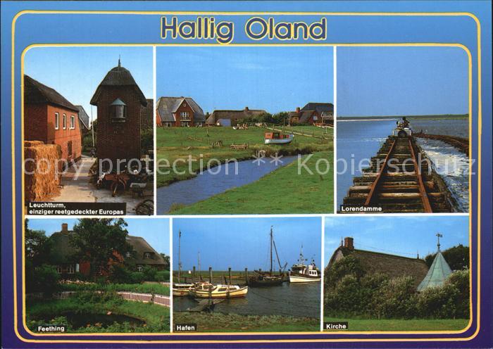 Hallig Oland reetgedeckter Leuchtturm Lorendamme Kirche Hafen Feething