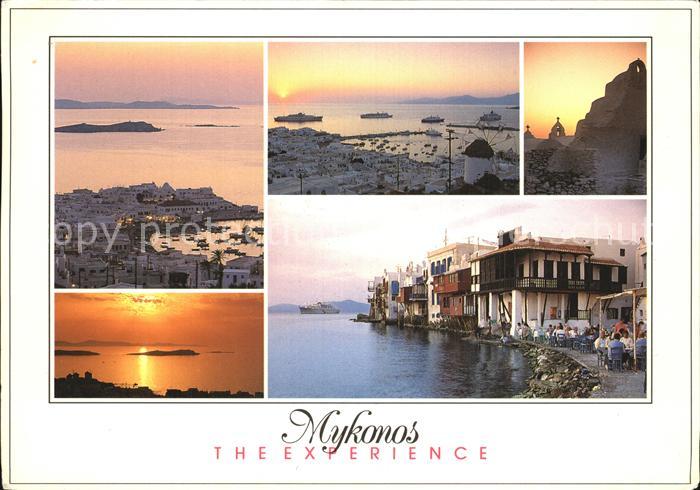 Mykonos Kykladeninsel aegaeis Haeuserpartie am Wasser Hafen Abendsonne am Meer