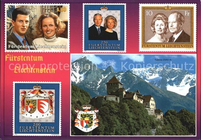 Briefmarken auf Postkarte Fuerstentum Liechtenstein Schloss Vaduz