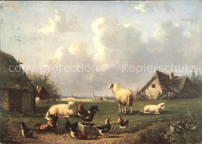 Kuenstlerkarte Cornelius Van Leemputten Huehnerhof Hahn Schafe