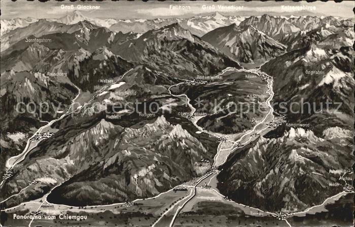 Chiemgau Panoramakarte mit Grossglockner und Kaisergebirge