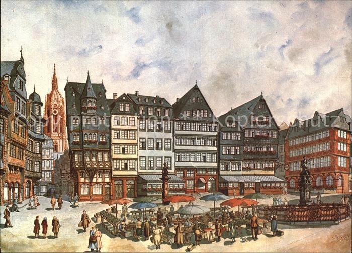 Frankfurt Main Roemerberg mit Gerechtigkeitsbrunnen und Dom