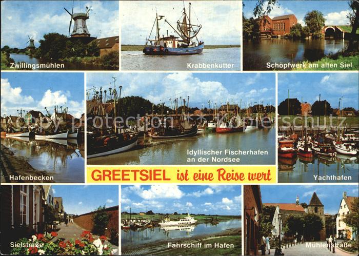 Greetsiel Zwillingsmuehlen Krabbenkutter Schoepfwerk Faehrschiff Hafen