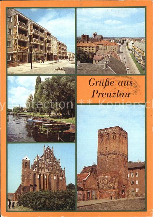 Prenzlau Strasse der Republick Blick vom Steintor Bootshafen Marienkirche