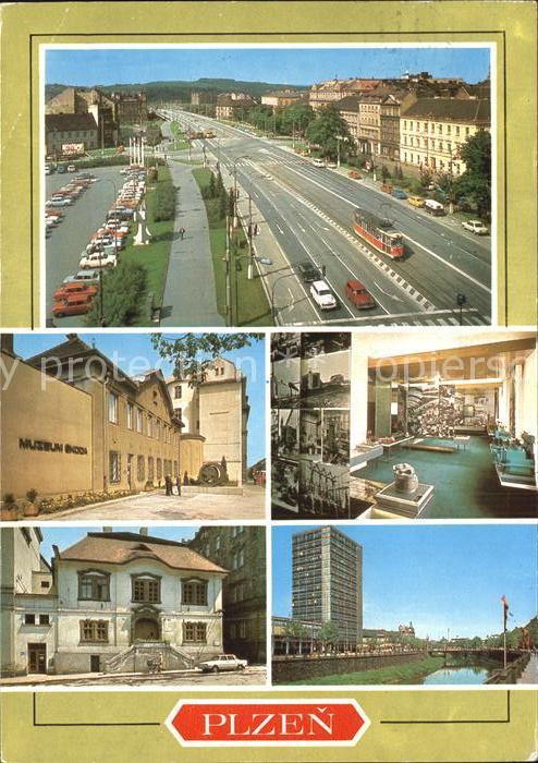 Plzen Pilsen Strassenpartie Museum Ausstellungsraum Hochhaus