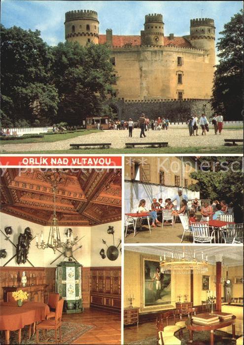 Orlik nad Vltavou Schloss Restaurant Terrasse Saal Ruestung Wandgemaelde