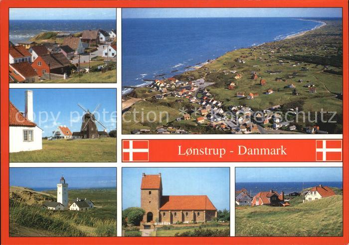 Lonstrup Teilansicht Windmuehle Leuchtturm Kirche Fliegeraufnahme