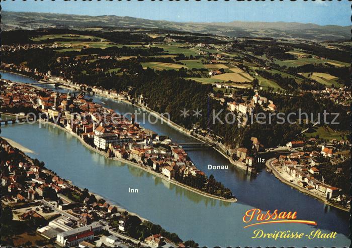 PAssAU Bayern Fliegeraufnahme Drei-Fluesse-Stadt Donau Inn Ilz