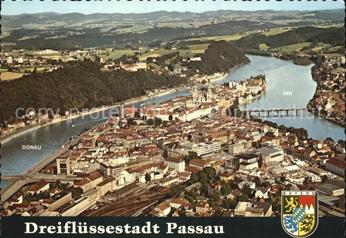 PAssAU Bayern Fliegeraufnahme Drei-Fluesse-Stadt Donau Inn Ilz