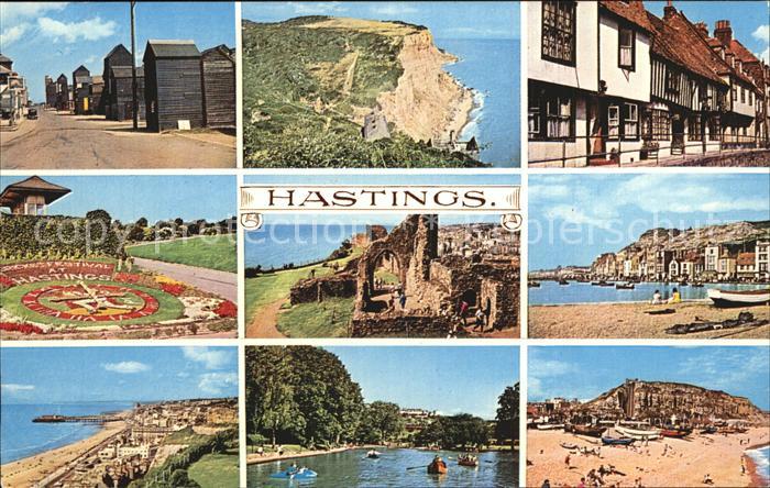 Hastings East Sussex Dorfmotive Steilkueste Blumenuhr Ruine Strandpartien