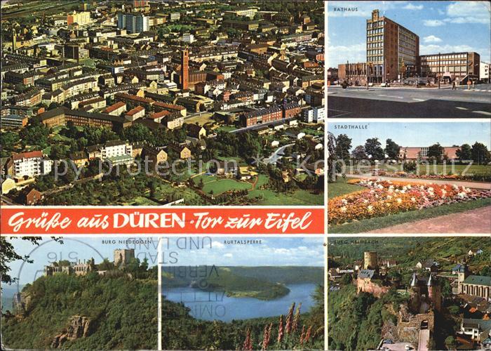 Dueren Rheinland Fliegeraufnahme Rathaus Stadthalle Burg Nideggen Rurtalsperre S