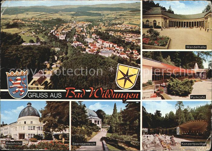 Bad Wildungen Panorama Wandelhalle Parkcafe Badehotel Seerosenteich Konzertpavil