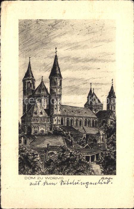Worms Rhein Dom Zeichnung Kuenstlerkarte