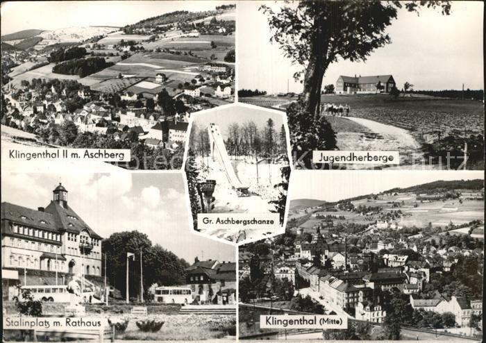 Klingenthal Vogtland Jugendherberge Stalinplatz mit Rathaus Aschbergschanze