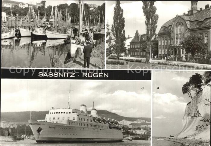 Sassnitz Ostseebad Ruegen Fischereihafen Postamt Rathaus Eisenbahnfaehrschiff MS