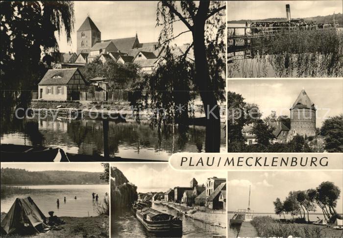 Plau Mecklenburg Teilansicht Plauer See Strand Frachter Turm