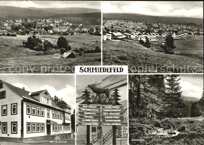 Schmiedefeld Rennsteig Teilansicht Bungalows HO Gaststaette Henne Wegweiser Vess