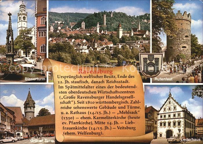 Ravensburg Wuerttemberg Blaserturm Zentrum Rutenfest Lederhaus Gruener Turm Gesc