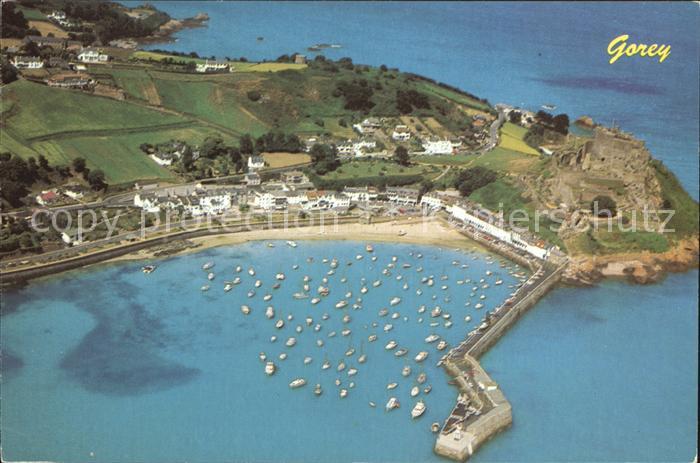 Gorey Jersey Harbour and Mont Orgueil Castle aerial view