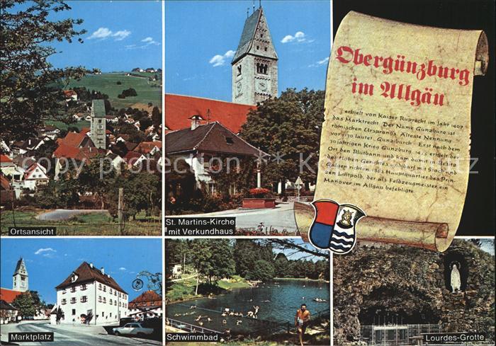Oberguenzburg Teilansicht St Martins Kirche Marktplatz Schwimmbad Lourdes Grotte