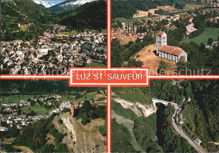 Luz-Saint-Sauveur Hautes Pyrenees Fliegeraufnahme Strasse Viadukt Kirche