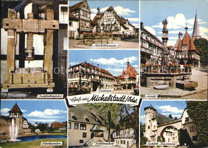 Michelstadt Tuchfaerberpresse Marktbrunnen Rathaus Markt Stadtgarten Kellereihof