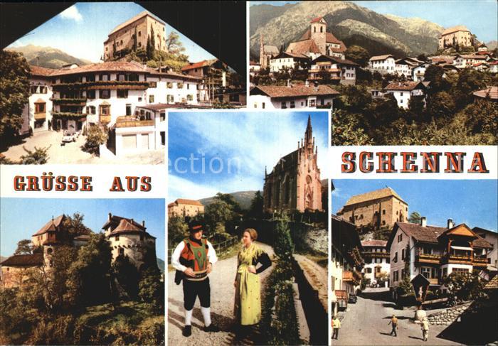Schenna Meran Schloss Dorfpartie Trachtenpaerchen
