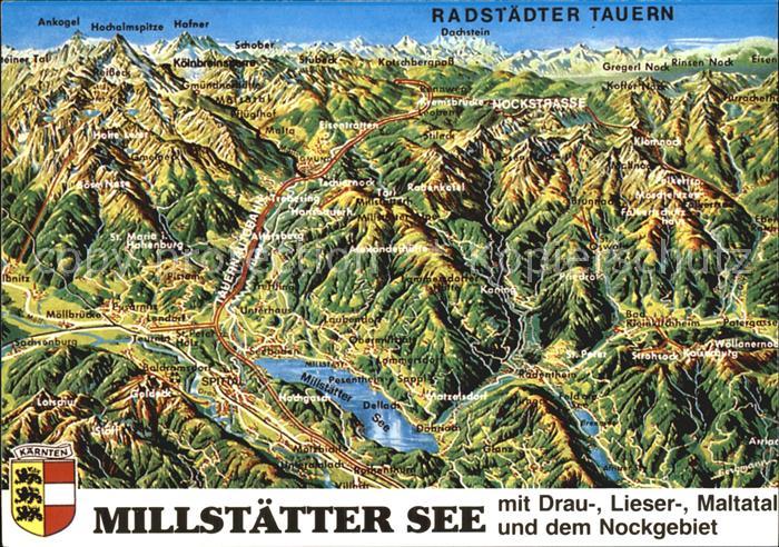 Millstatt Millstaettersee mit Drau Lieser Maltatal und Nockgebiet Panoramakarte