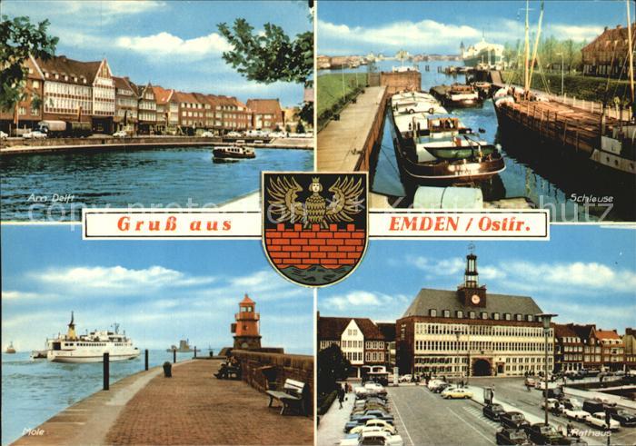 Emden Ostfriesland Delft Schleuse Frachtkahn Mole Passagierschiff Rathaus