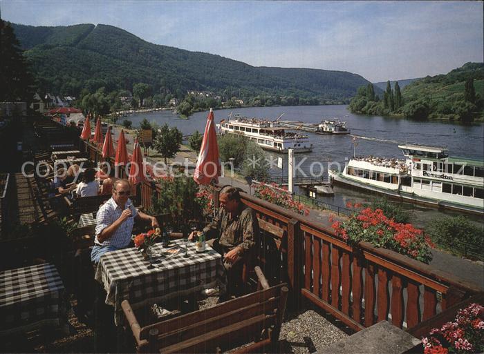 Brodenbach Terrasse vom Hotel Anker blick auf das Personenschiff Poserdon